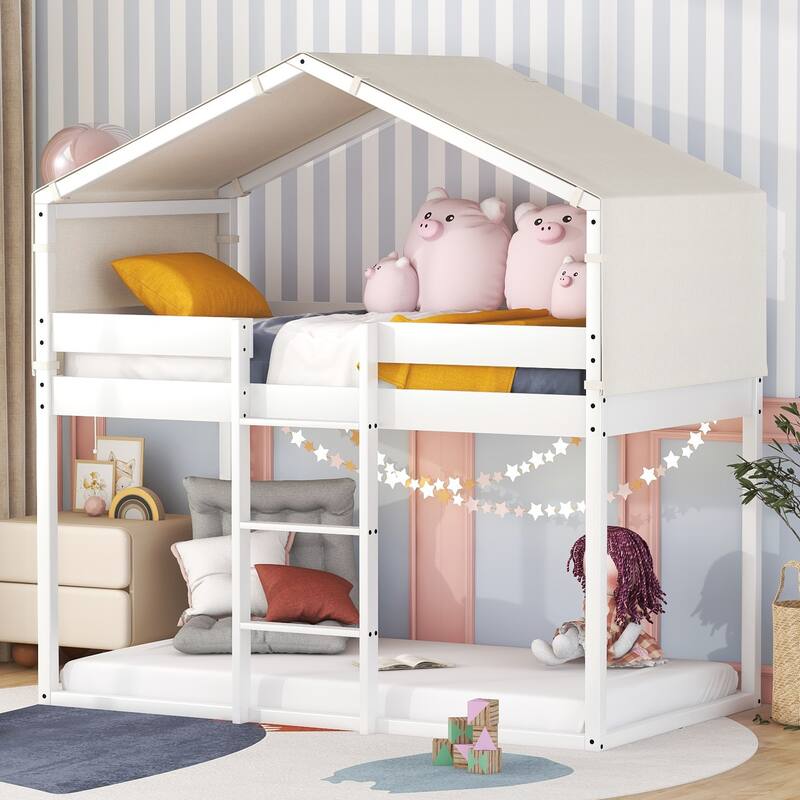 Fairytale House Bed Twin Over Twin Bunk Bed Wood Platform Bed Frame with Ladder Apex Roof Tent for Boys Girls, House-Shaped Bed