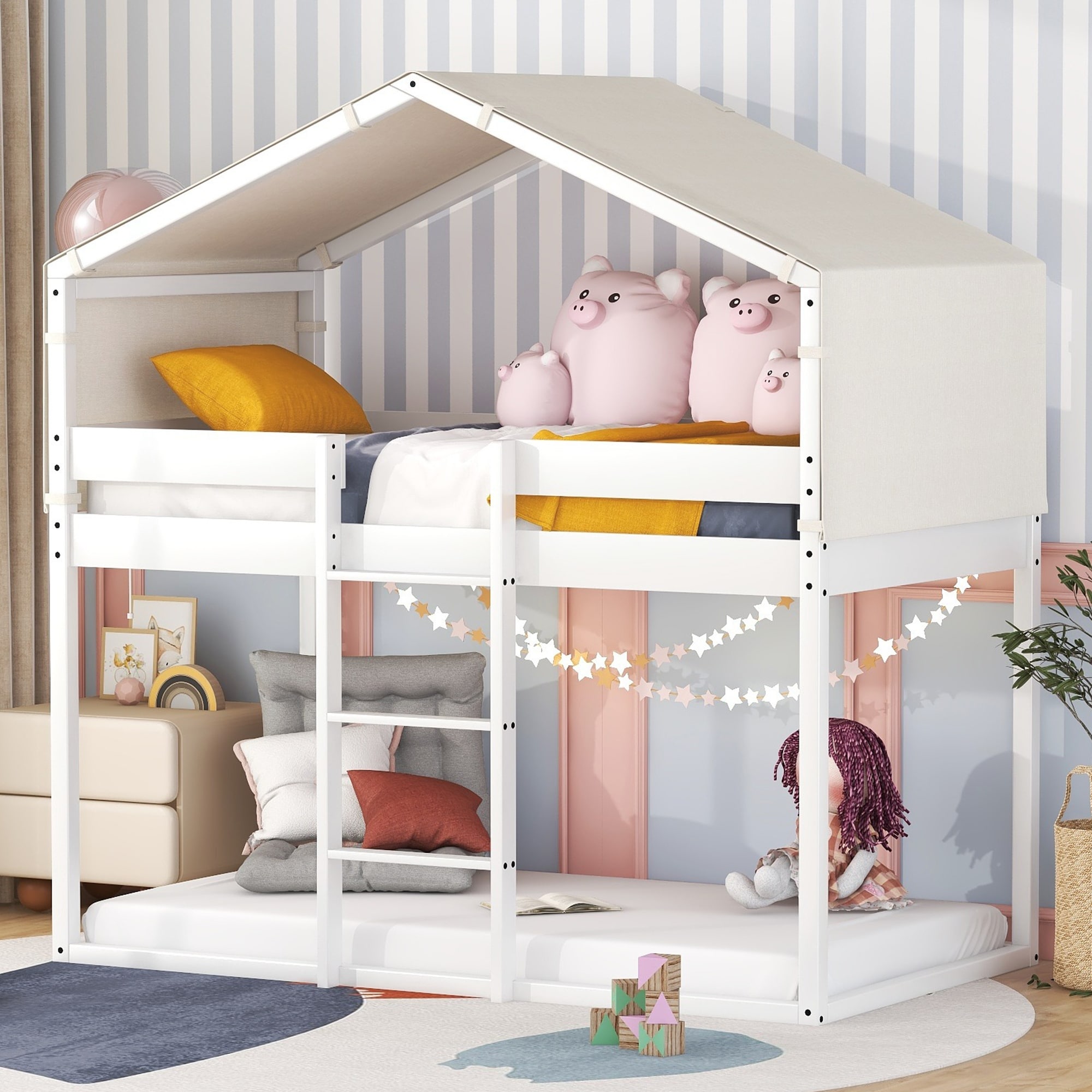 Twin over Twin Bunk Bed Wood Bed Top Bunk Full Length Guardrail