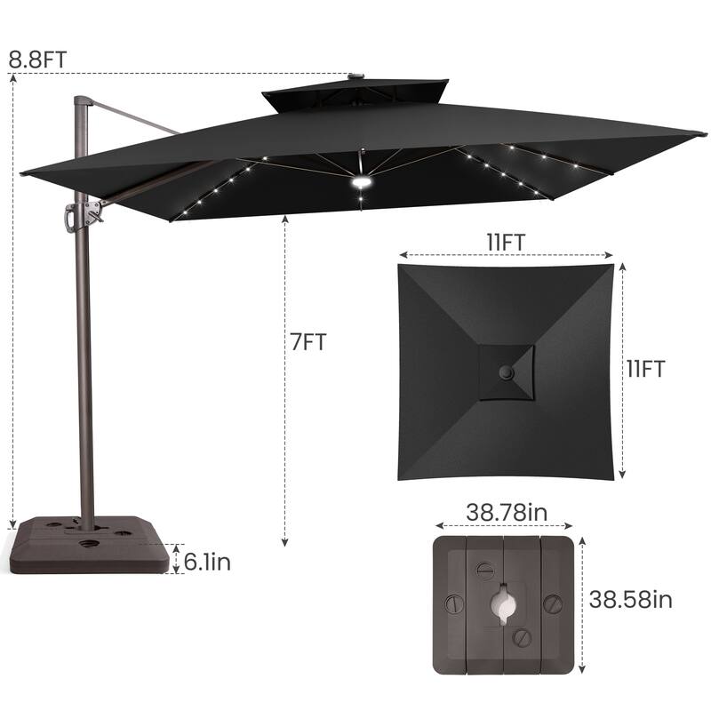 11 FT Aluminum Solar-Powered LED Light Patio Cantilever Umbrella with Base