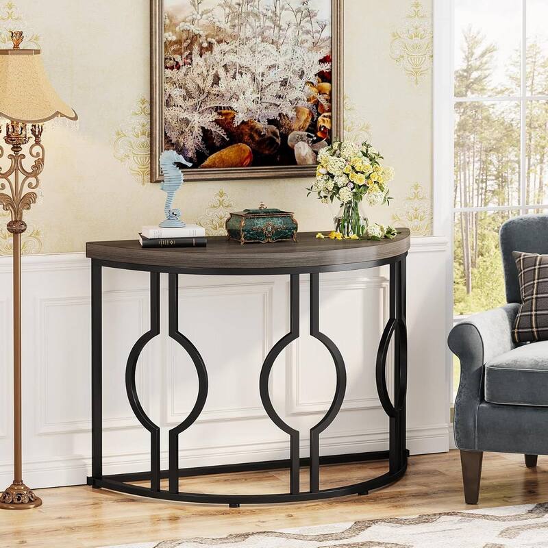 Wood Metal Half Moon Accent Sofa Table with Retro Finish Frame - 13.77"W x 43.3"L x 31.49"H
