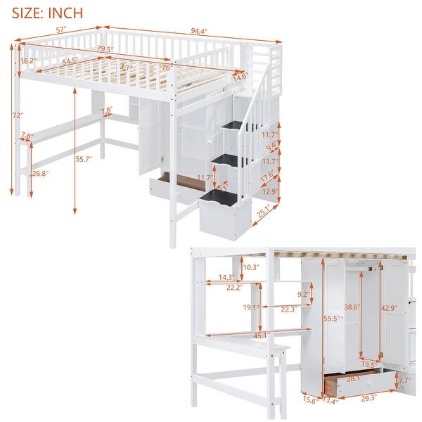 Full size Loft Bed, Maximized Storage Space, White