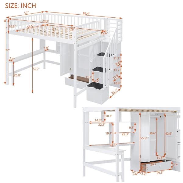 Multifunctional Design Loft Bed with Bookshelf, Drawers, Desk and Wardrobe, Full size, White