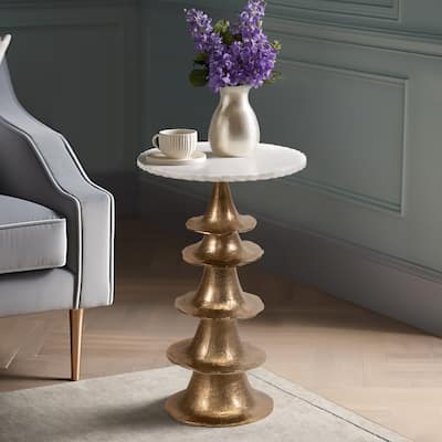 Sagebrook Home's Elegant 24-inch Jagged Edge Accent Table, White Marble Top, Aluminum Base - 15" x 15" x 24"