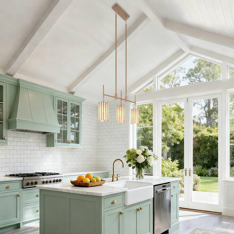 Tifany Moden Gold 3-Light Chandelier Textured Colored Glass Kitchen Island Light - L 30" x W 4.3" x H 17.3"