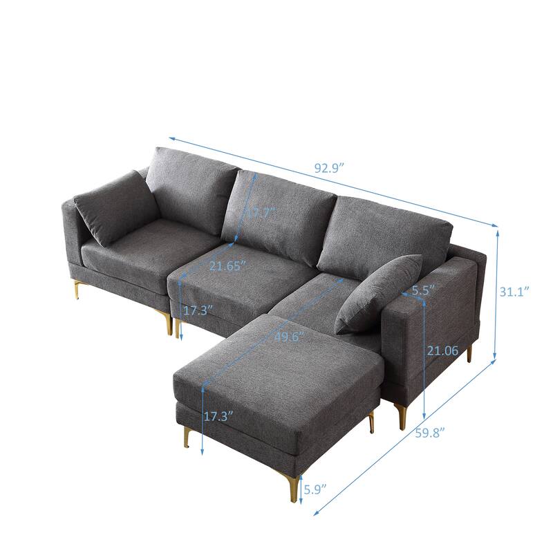 92'' Fabric L-Shape 3-Seater Sofa with Ottoman, Gold Metal Legs, and Toss Pillows
