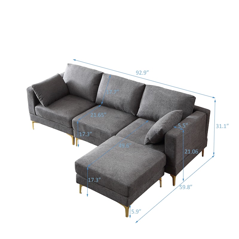 92'' Turquoise L-Shaped 3-Seater Sofa with Ottoman, 2 Pillows, Gold Metal Legs, and Polyester Fabric
