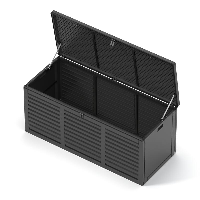 130 Gal. Upgraded Resin Deck Box, Outdoor Storage Box Waterproof with Hydraulic Rod and Side Handle, Lockable