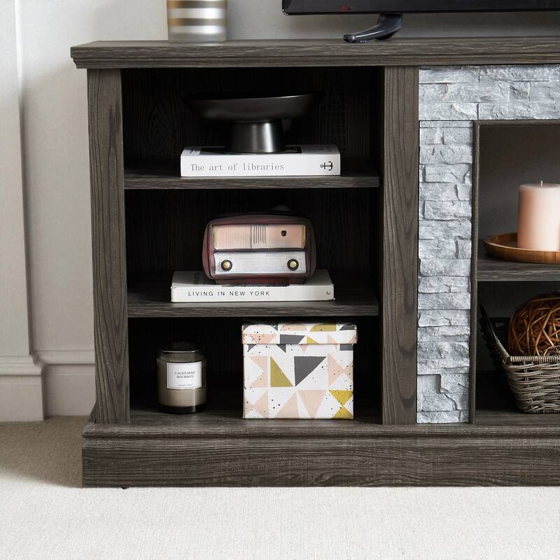 70" TV Stand with Faux Stacked Stone Surround, Modern Entertainment Console with Large Storage Cabinets