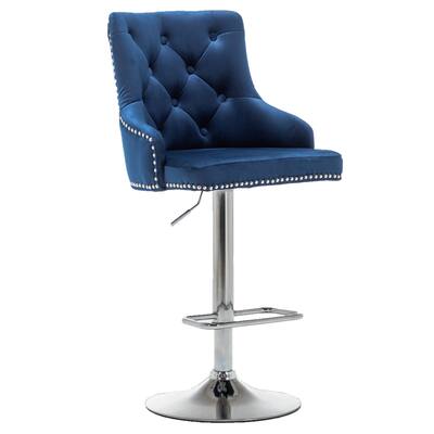 BTEXPERT Premium upholstered Dining 24" - 33" Adjustable High Back Stool Bar Chairs, Set of 2 Pack Blue Tufted Tailhead Trim