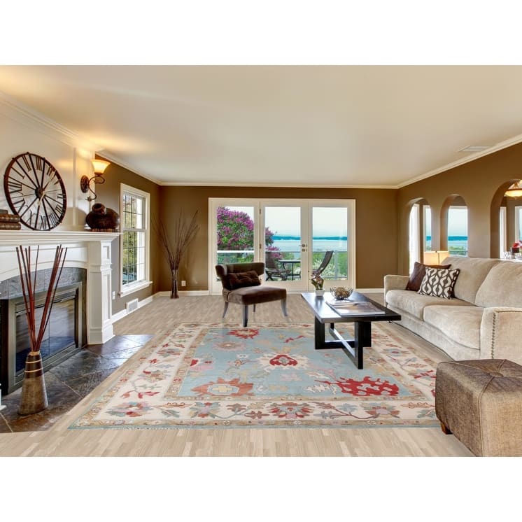 Light Blue Floral Oushak Rug Hand-Knotted Oriental Wool Carpet - 8'10"x 11'10"