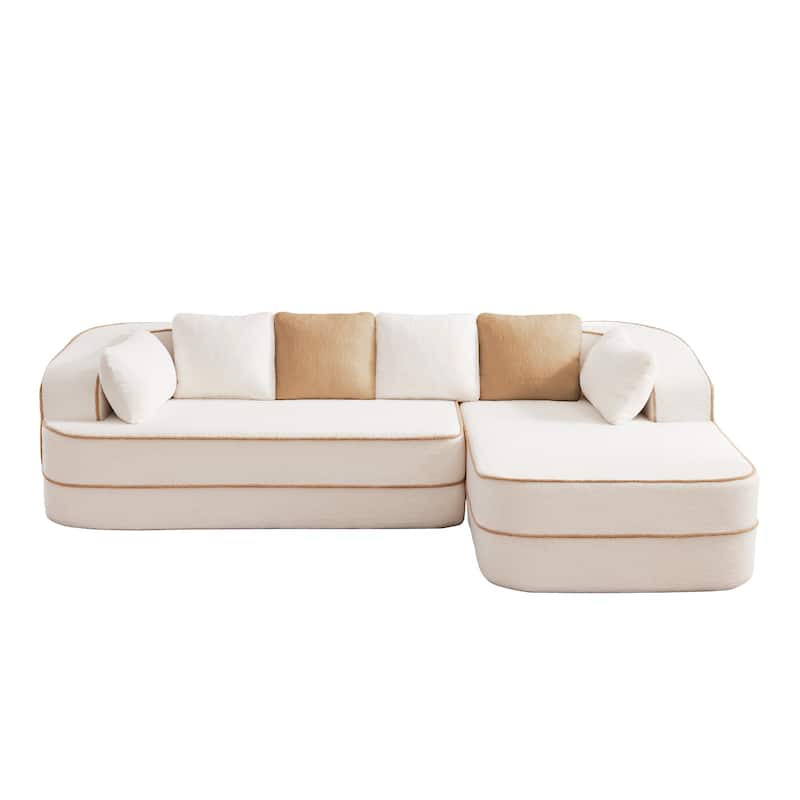 Teddy Fabric Contrast Sofa for Living Room, Upholstered Sectional Couch with L-Shaped Chaise, Boneless Couch with Throw Pillows
