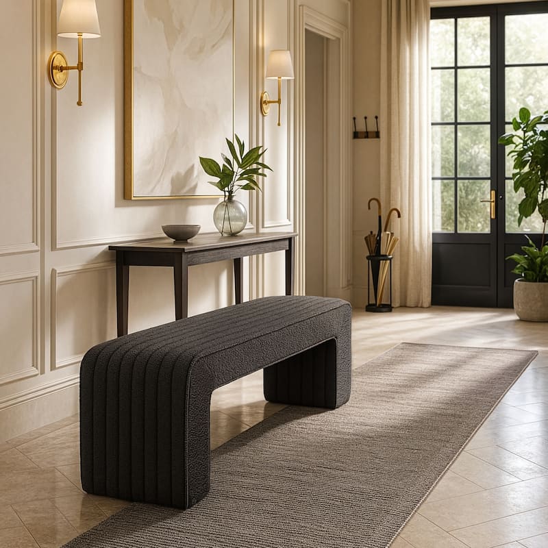 Benicia Gray Boucle Upholstered Fabric Tufted Bench