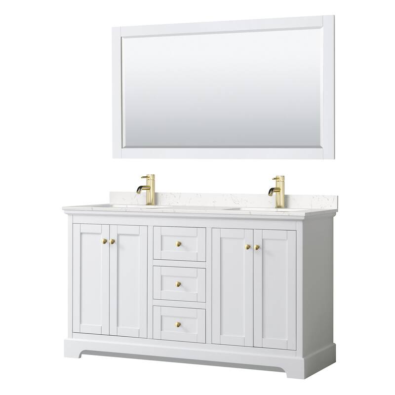 Wyndham Collection Avery 60" Free Standing Double Basin Vanity Set - White / Carrara Cultured Marble Top / Brushed Gold