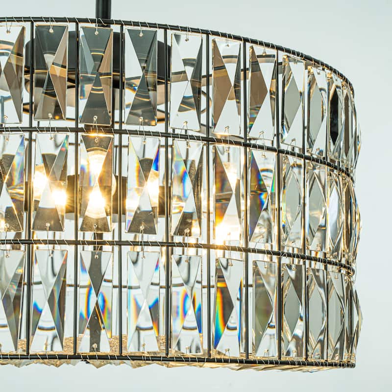 Modern Farmhouse Elegant Lantern Drum Crystal Chandelier in Matte Black for Dining Room