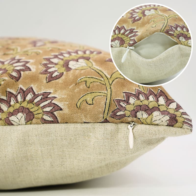 Fabdivine Handmade Block Print 24x24 Inch Cushion Cover Floral Fall Farmhouse Décor Rustic Square Pillowcase, Rajnigandha
