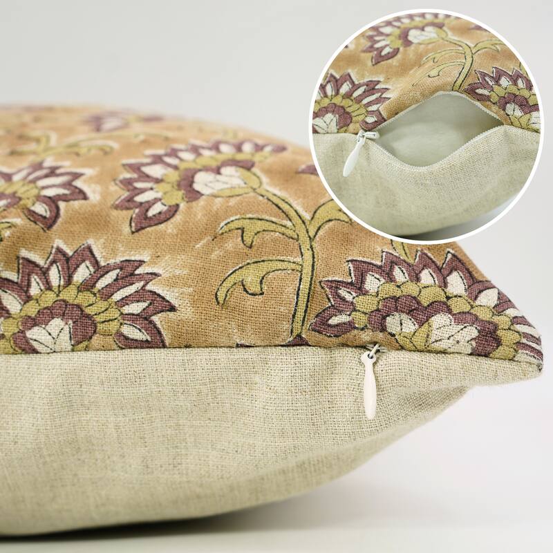 Fabdivine Handmade Block Print 26x26 Inch Cushion Cover Floral Fall Farmhouse Décor Rustic Square Pillowcase, Rajnigandha