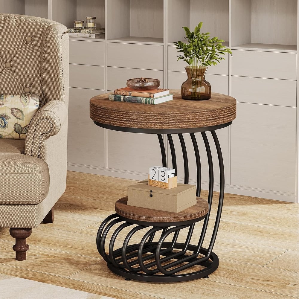 2 Tiers Round End Table with Shelf Storage, Arc-Shaped Side Sofa Table