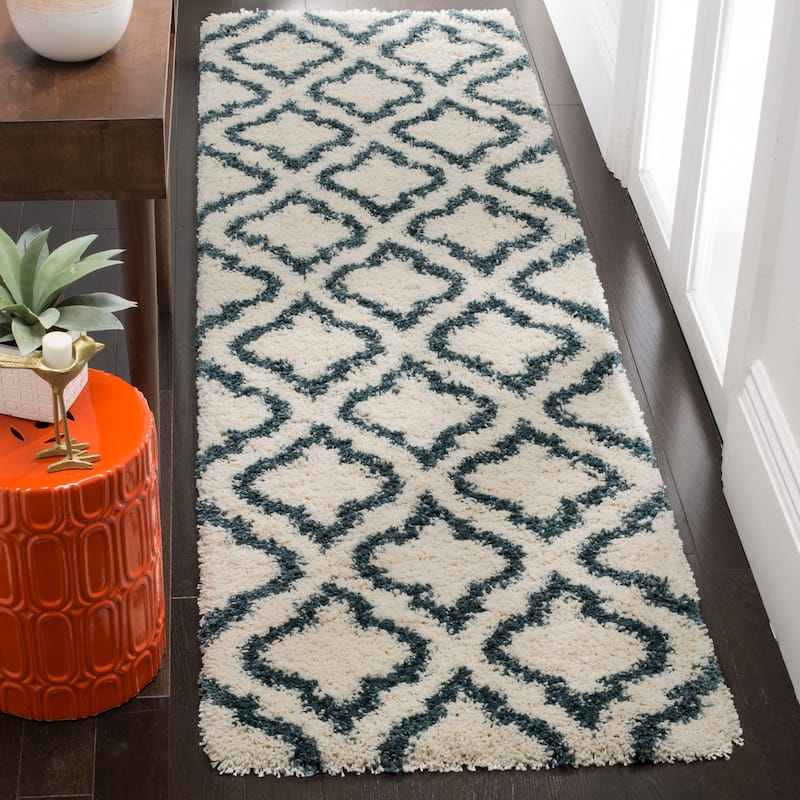 SAFAVIEH Hudson Shag Sheilah Moroccan 2-inch Thick Rug - 2'3" x 8' Runner - Ivory/Steel Blue