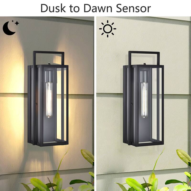 16 in. 1-Light Matte Black Dusk to Dawn Outdoor Hardwired Wall Lantern Sconce with Clear Glass Shade