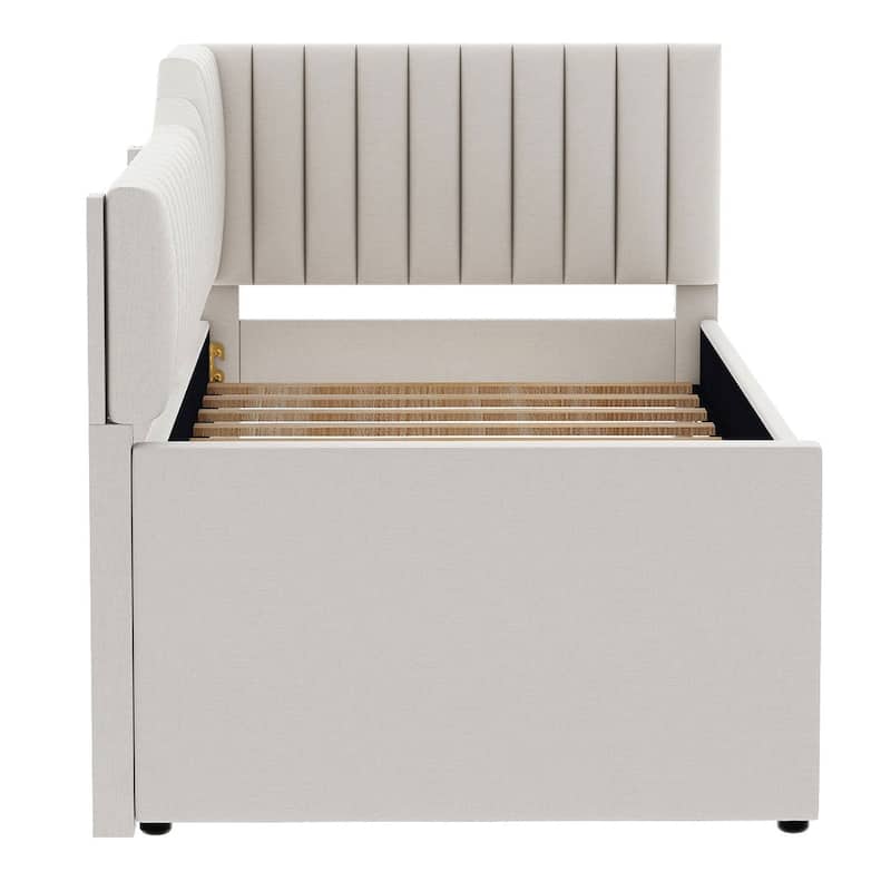 Twin Size Daybed Bed Frame with Linen Upholstered Backrest and Three Drawers, Pull-out Trundle Bed w/Slatted Support