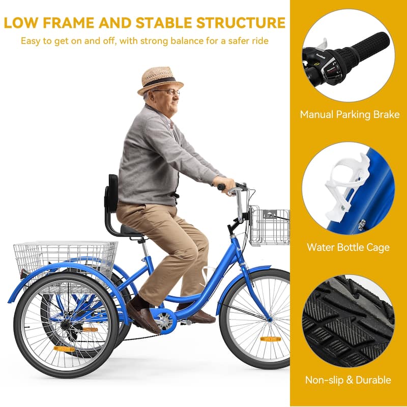 24"/26" Blue Adult Tricycle 7 Speed Trike Bike with Shimano Shifting with Removable Baskets