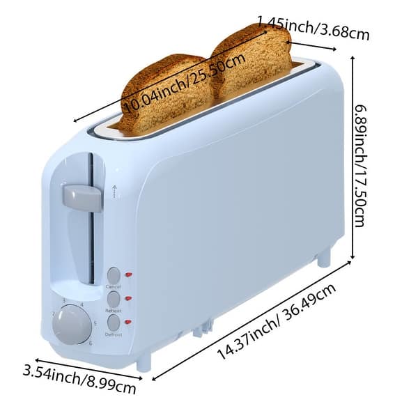 dimension image slide 5 of 6, 2-Slice Slim Toaster: 10" Slot, 6 Shades, Cancel/Reheat/Defrost, Removable Tray, Auto Shut-Off.
