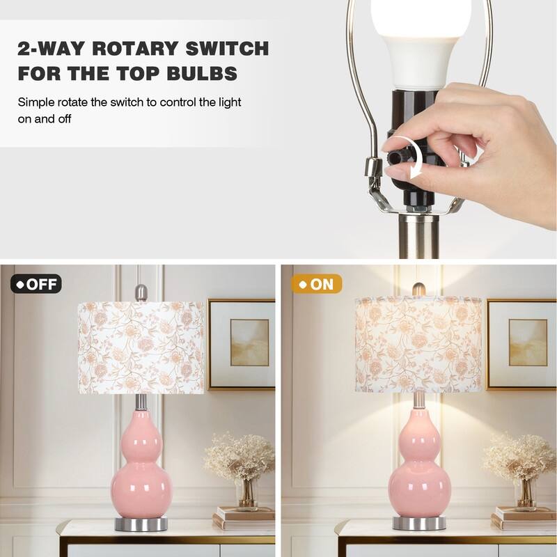 22'' Table Lamps, Pink Ceramic Fixture 2-Way Rotary Switch Floral Print Shade(Set of 2) - 11'' x 11'' x 22''