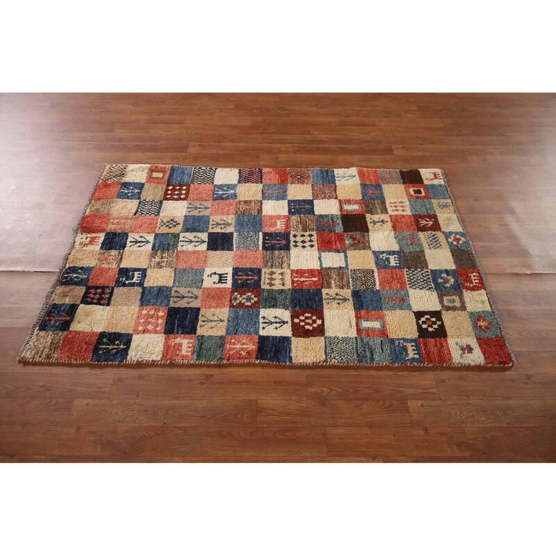 Tribal Checkered Gabbeh Persian Vintage Area Rug Handmade Wool Carpet - 3'4"x 5'1"