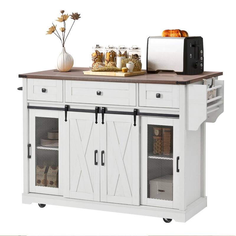 Farmhouse 58" Kitchen Island with Drop Leaf, Rolling Kitchen Island on 5 Wheels with Sliding Barn Door and Adjustable Shelves