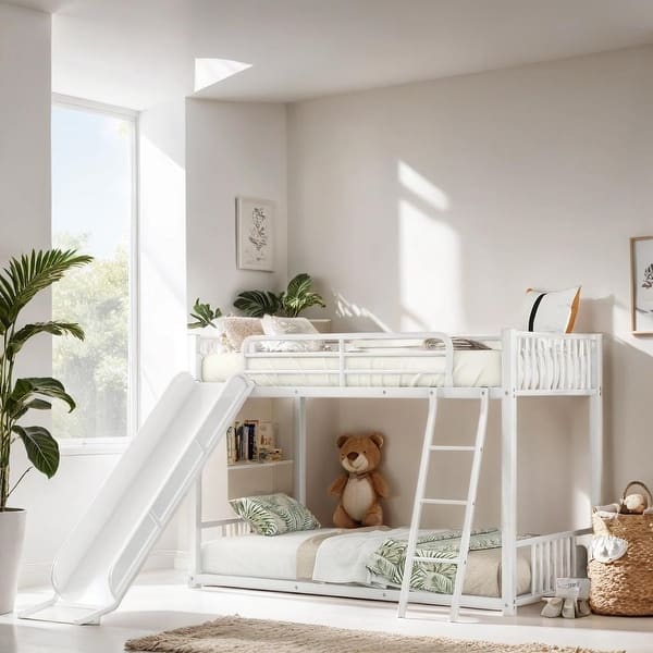 slide 2 of 18, Kid's Friendly Style Twin over Twin Bunk Bed with Slide, Ladder and Guardrail Modern White