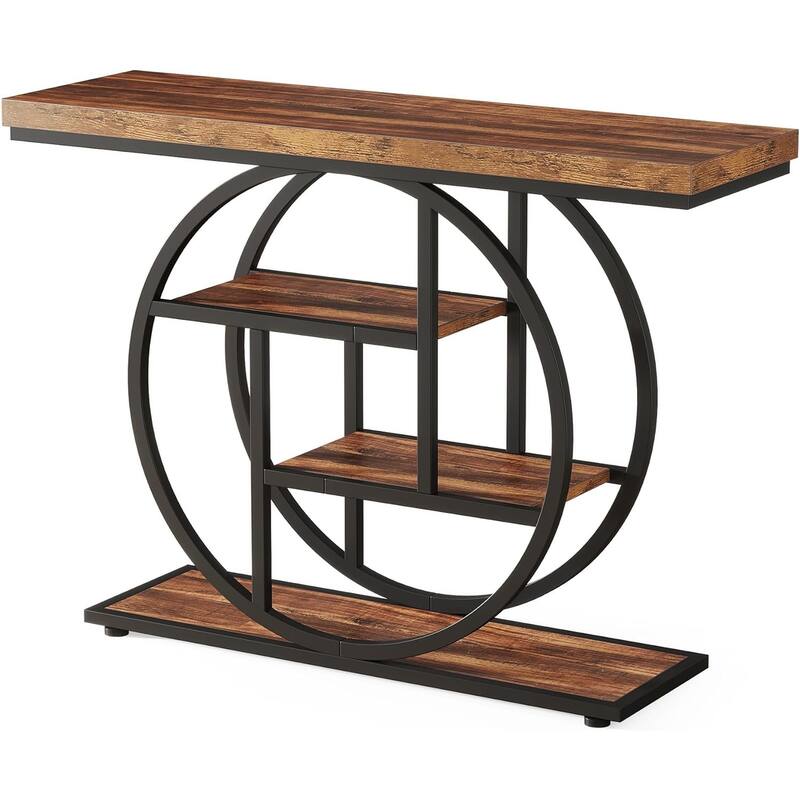 Metal 4-Tier Industrial Narrow Console Table with Storage and Display Space - 41.34” L x 11.81” W x 31.5” H - Brown-Black