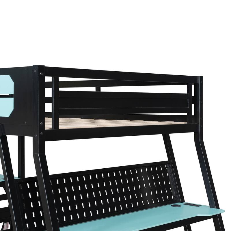 Gaming Bunk Bed Two Built-In Gaming Desks Each Side Loft Bed with USB Desktop Ports and Pegboard Organizer for Gaming Room Gamer