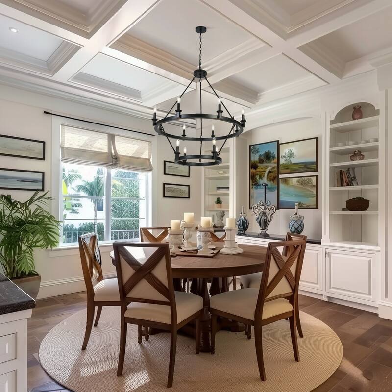 Modern Farmhouse 39.4" W Black 12-Light 2-Tier Wagon Wheel Chandelier - D 39.4" x H 41.3"