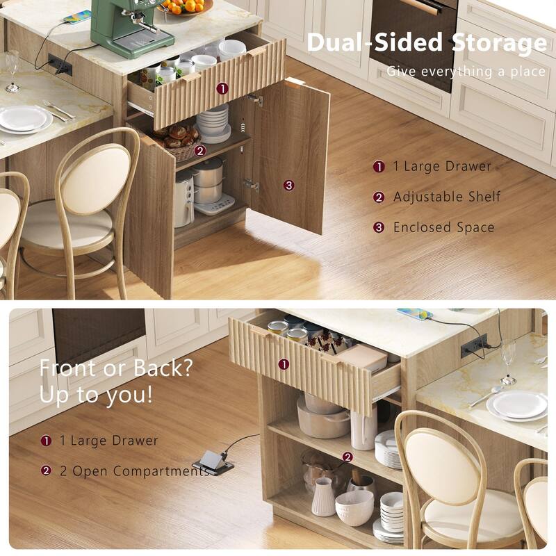 82.6" Fluted Kitchen Island with Extendable Dining Table for 4-6, Island Table for Kitchen with Power Outlet