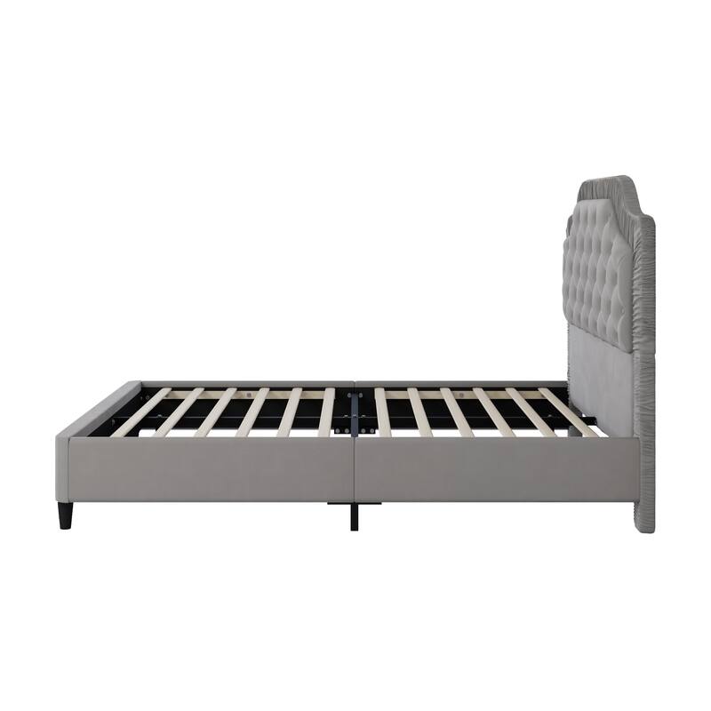 King Size Velvet Upholstered Platform Bed with Button Tufted Ruched Headboard, No Box Spring Required