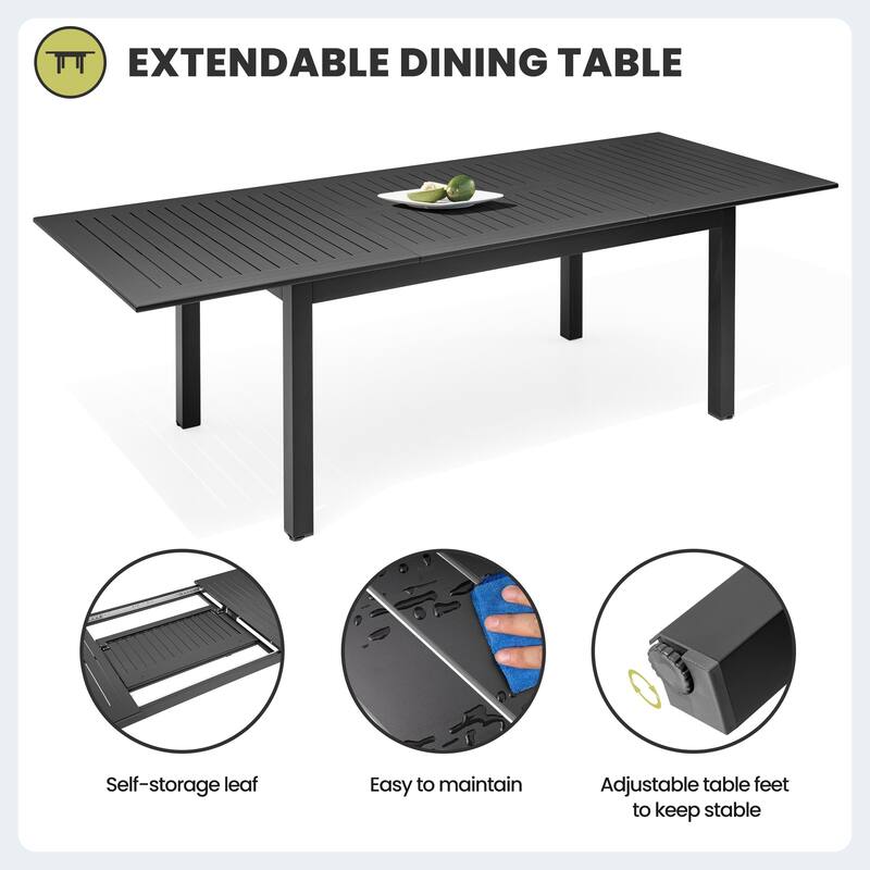 9PCS Outdoor Dining Set Aluminum Expandable Table and Folding Dining Chairs with Adjustable Back