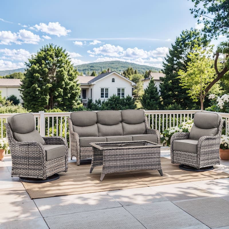 Pocassy Outdoor Sofa Patio Swivel Chairs Sets - Grey Wicker Grey Cushion - S-a Swivel Chair with Table Set - 4PCS