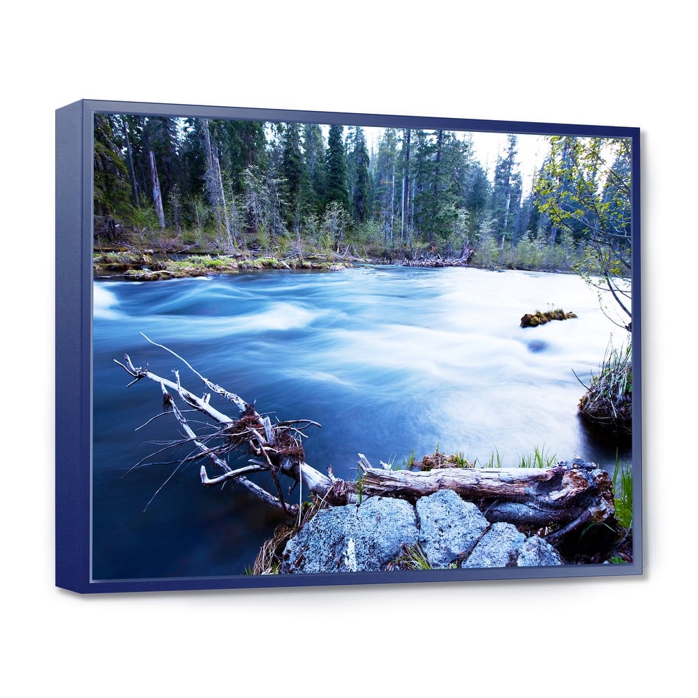 Designart "Blue River in Forest At Evening" Oversized Landscape Framed Canvas Art