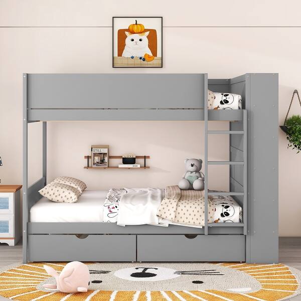 slide 2 of 32, Maximized Storage Space Wood Bunk Bed With 2 Drawers and Multi-layer Cabinet, Health and Comfort Grey