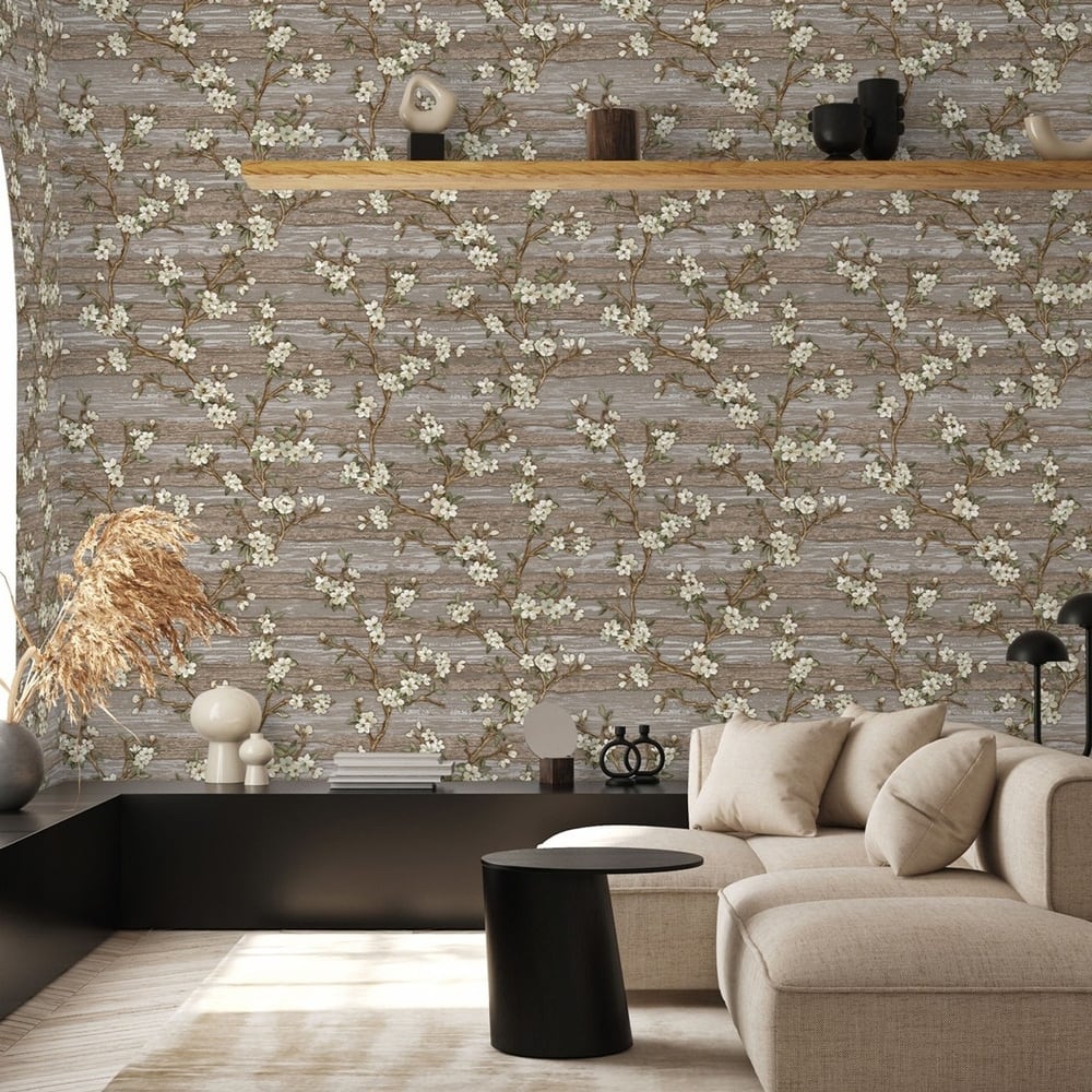 Flocked Botanical Blossom Pattern Stylish Floral Wallpaper