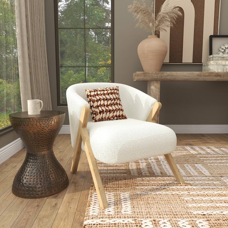 White Polyester Rounded Boucle Living Room Accent Chair with Angled Wooden Legs