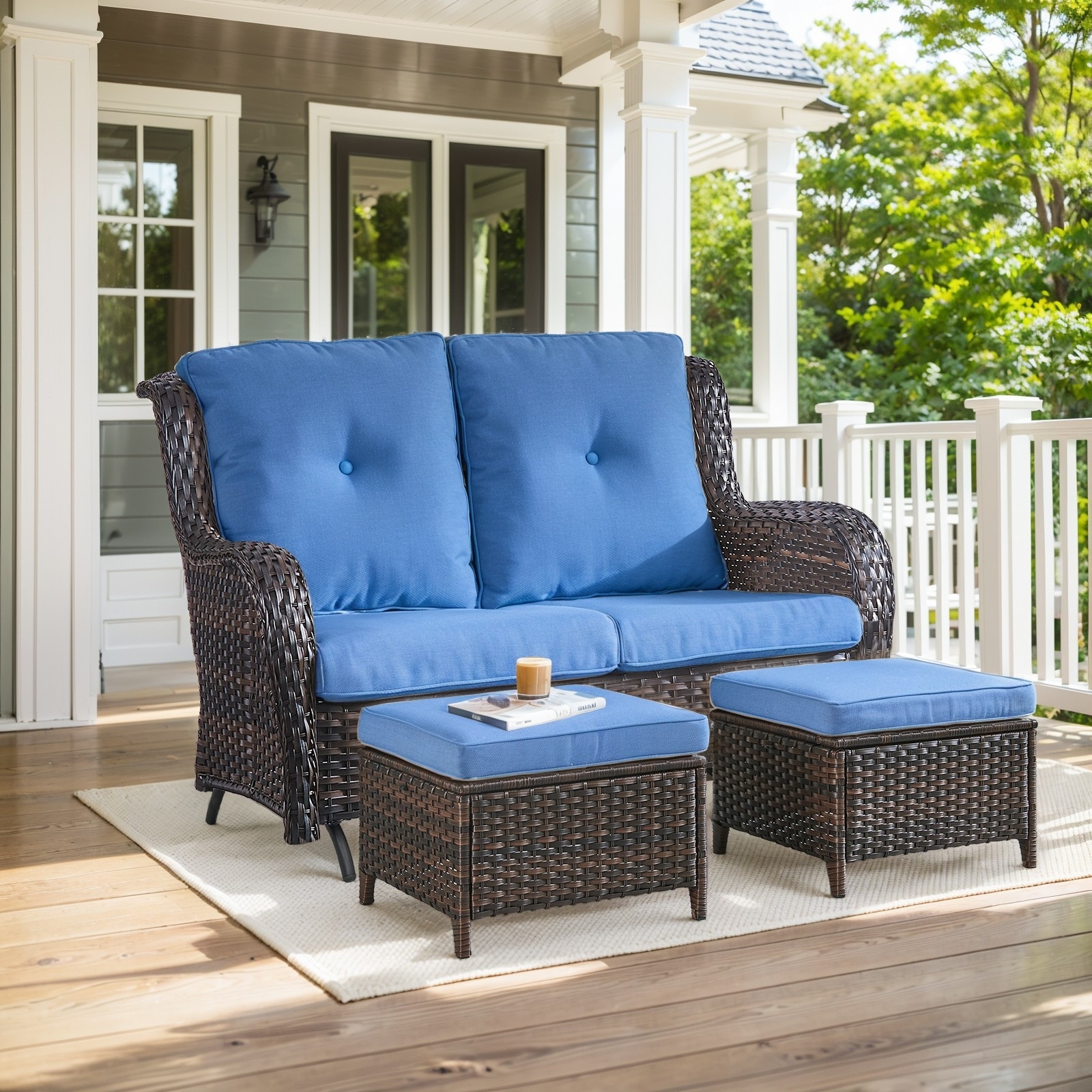 Outdoor Glider Sofa with Ottoman - Blue cushion - Brown