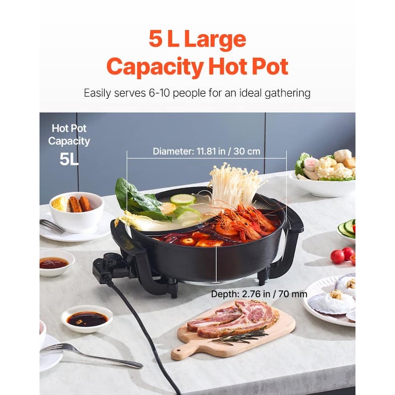 5L Dual-Sided Electric Hot Pot with Stepless Temperature Control Non-Stick Coating and Transparent Glass Lid
