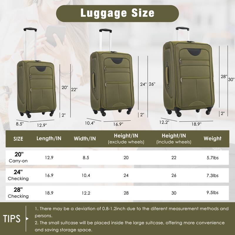 Softside Luggage Expandable 3 Piece Set Suitcase with Duffel Bag Upright Spinner Softshell Lightweight Luggage Travel Set