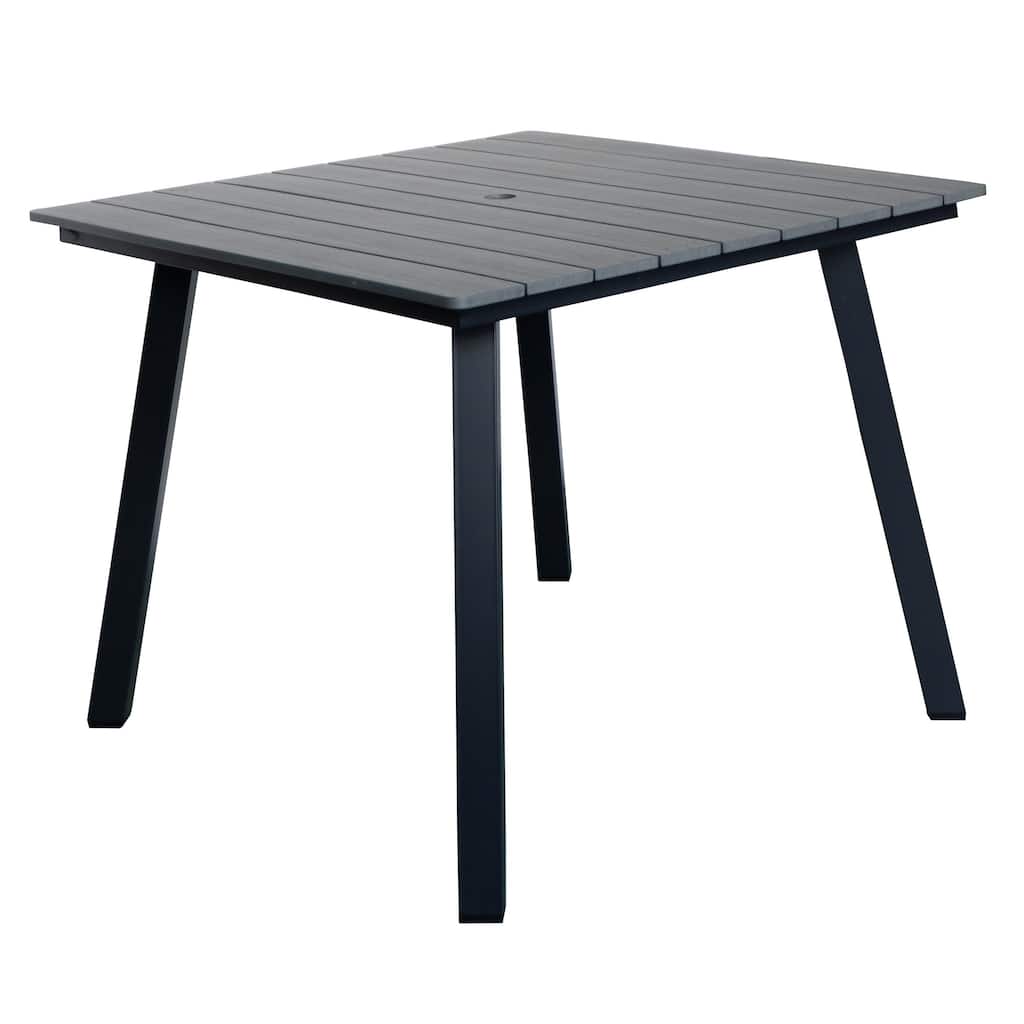 Square Patio Dining Table with Umbrella Hole,Heavy-Duty Iron Frame Wood-Plastic Composite Tabletop
