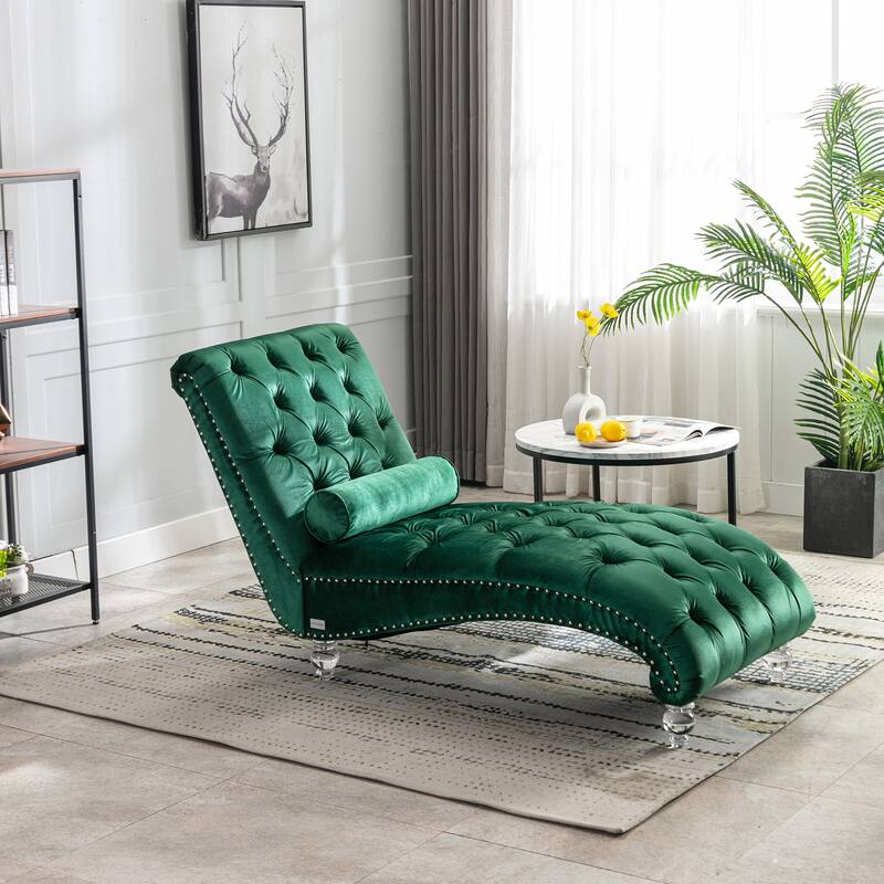 Velvet Tufted Chaise Lounge Chair Ergonomic S Shape Recliner with Pillow, Nailhead Trim and Acrylic Legs for Indoor Use