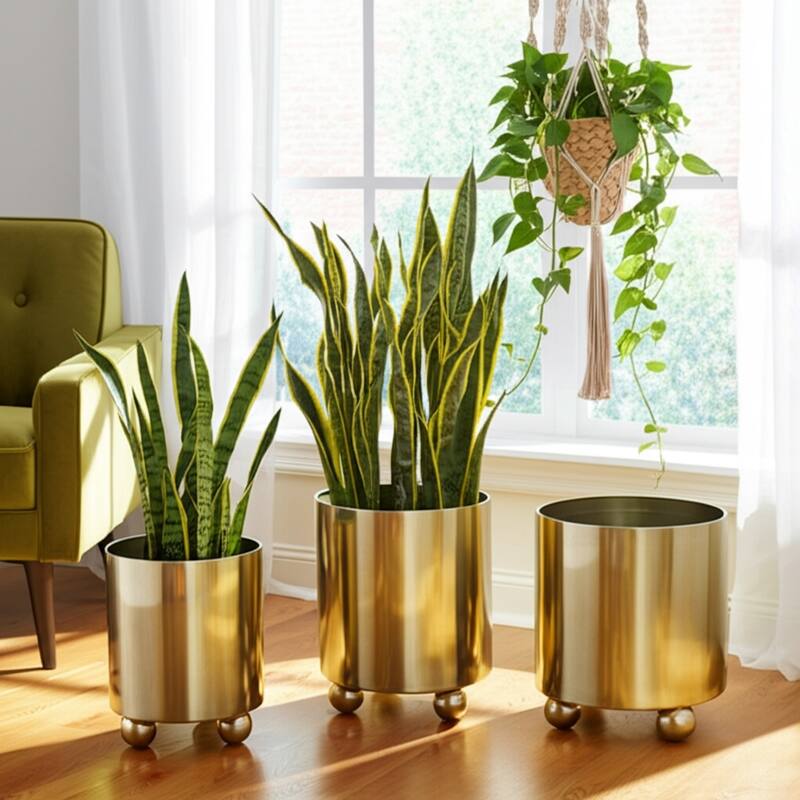 Modern Metal Planters with Spherical Legs and Sleek Dual-Tone Design, Set of 3 - 10.5" x 10.5" x 12.75" - Gold