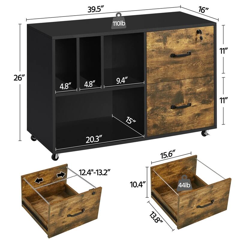 Yaheetech Rolling File Cabinet with 2 Drawers and 2 Open Shelves