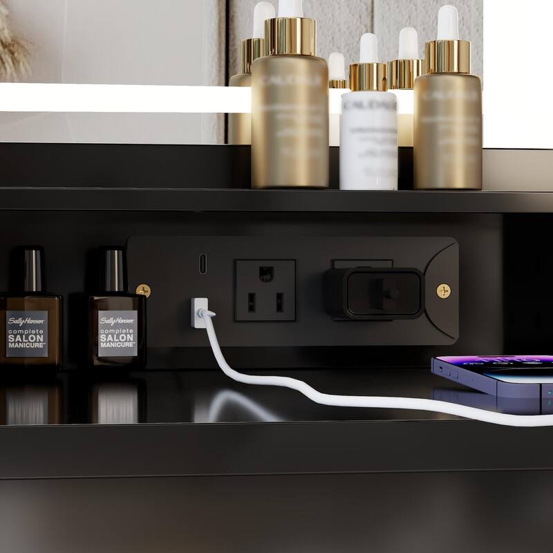 41" Large Size Left Bedside Cabinet Vanity Table + Cushioned Stool Dresser Set, 2 AC+2 USB Power Station, Hair Dryer Stand