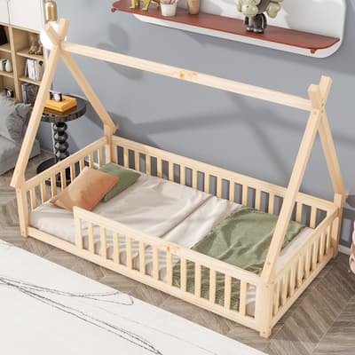 Toddler Floor Bed with Fence Guardrails, Wood Slat Support, Tent-shaped Bed with Roof Frame - Available with or without Door